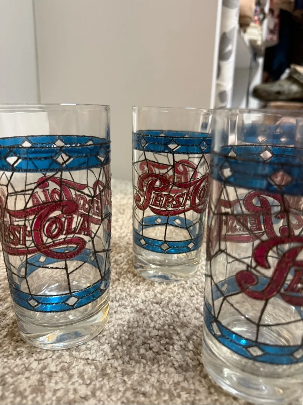 Pepsi-Cola 15 oz Drinking Glasses Set of 6 Blue Stained Glass Vintage  Tumblers